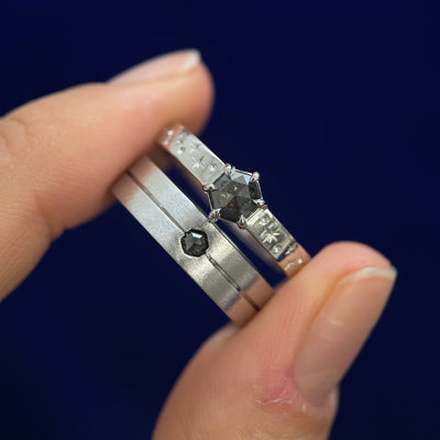 14k White Gold with 6-claw-prongs 0.38ct 5mm Hexagon Salt-and-pepper Diamond on 3mm Industrial Mirror Band and 14k White Gold with Flush-set 3mm Hexagon Salt-and-pepper Diamond on 5mm Industrial Matte Band, size 7.25 and size 7