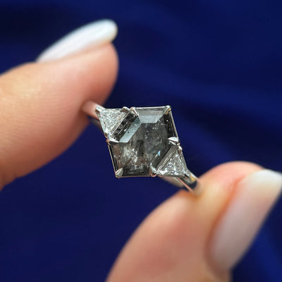 950 Platinum Claw-prongs-set 1.4ct Hexagon Salt and Pepper Diamond with 2pc Triangle Lab Diamonds on 1.7mm Mix Mirror Band Custom Ring, Size 6