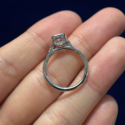 side view of 950 Platinum & Bezel-High-Cathedral-set 1.5ct Elongated Cushion Lab Diamond with 2pc Small Lab Diamonds on Thin Band Custom Ring, size 5