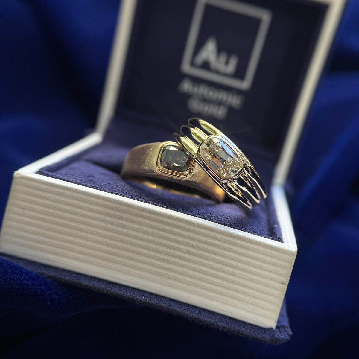 14k Yellow Gold and Bezel Low Set Elongated Old Miner Lab Diamonds and Salt and Pepper Diamond Matching Couple Rings, size 8.25 and 8