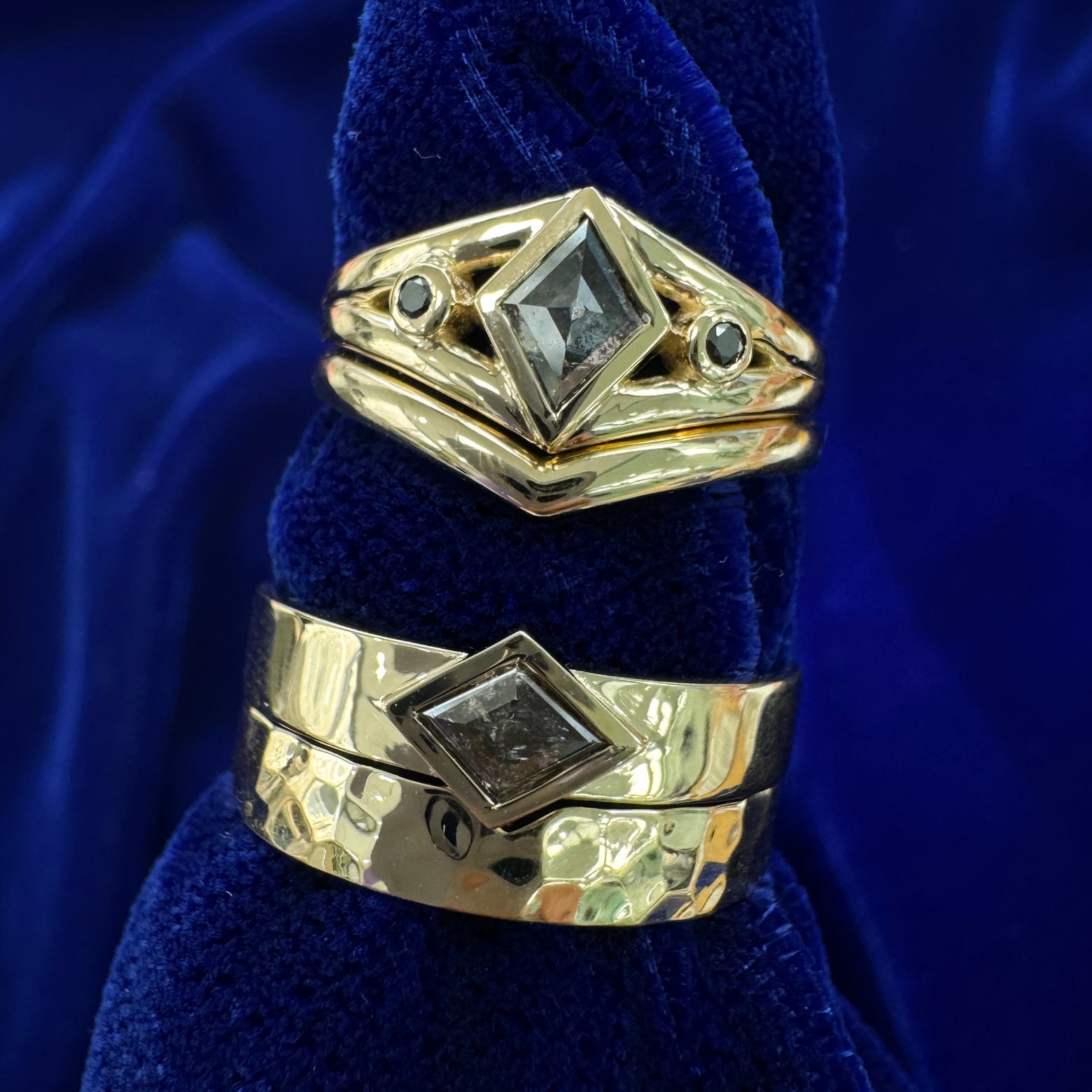 14k Yellow Gold and Kite Salt-and-pepper Diamonds Matching Engagement and Wedding Rings Couple's Set