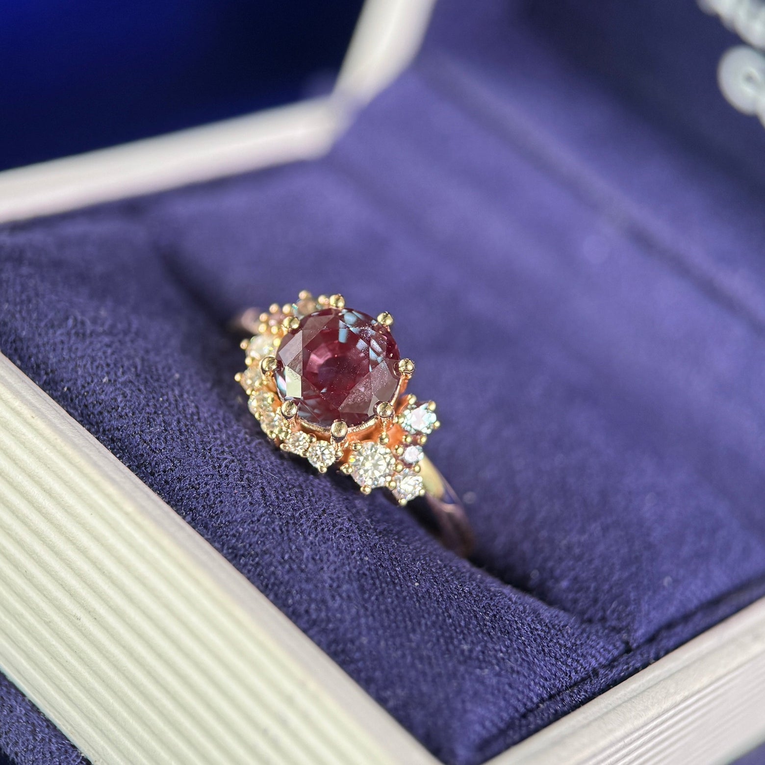14k Rose Gold and Engraved-bezel-set 7mm Round Lab Alexandrite with Cluster of Moissanites and Lab Alexandrites on 1.7mm Mix Mirror Band Custom Ring, size 6