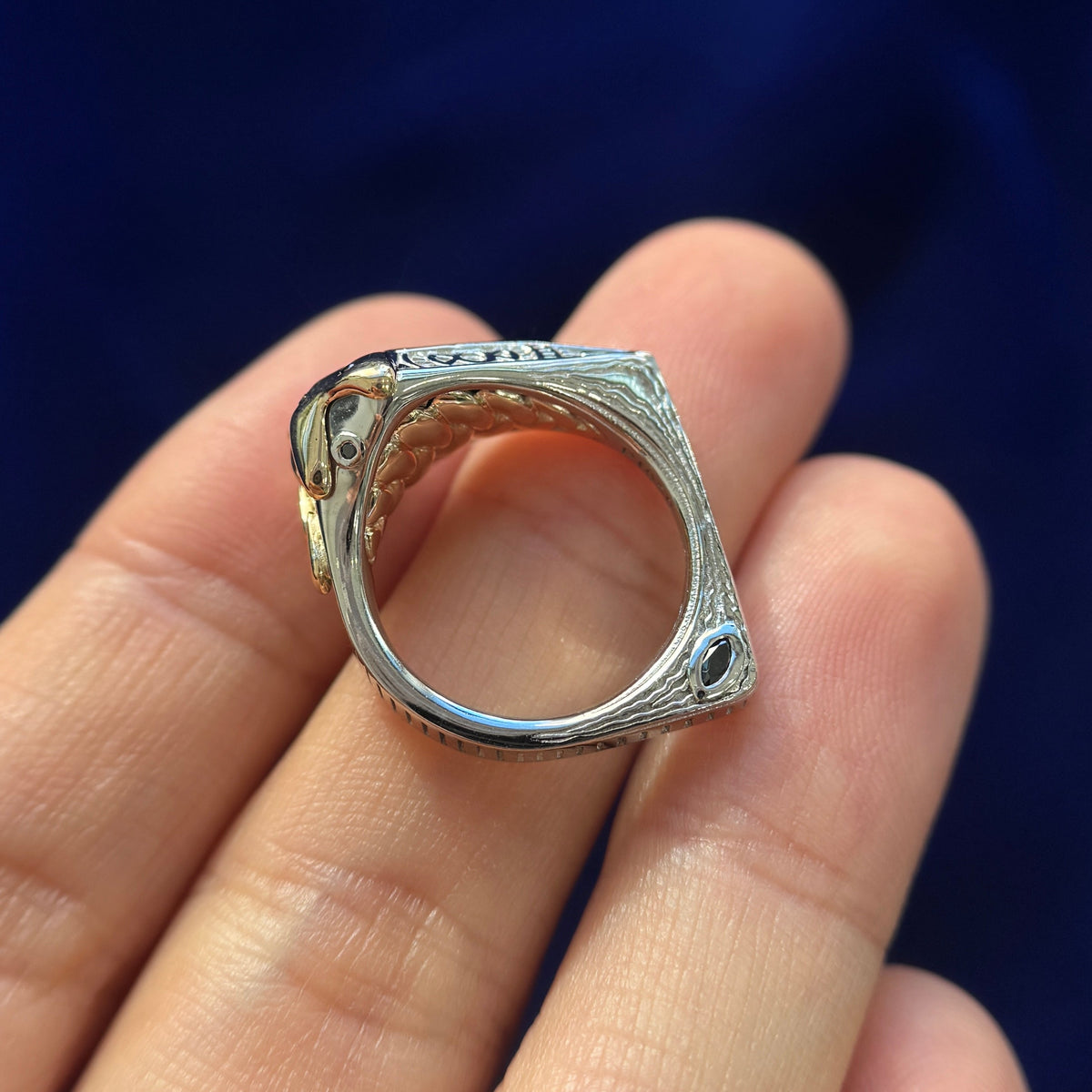 14k Yellow Gold and 950 Platinum with Lab Alexandrites Antler Inspired with Art Deco Band and Futuristic Inspired Custom Couple Rings Set, size 4 and 9