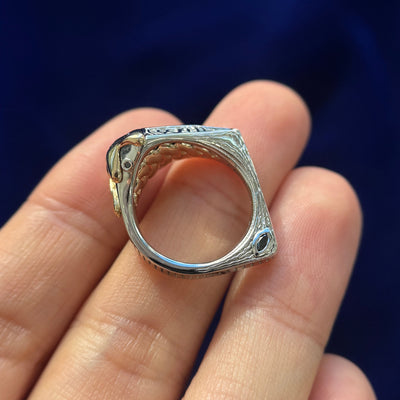 14k Yellow Gold and 950 Platinum with Lab Alexandrites Antler Inspired with Art Deco Band and Futuristic Inspired Custom Couple Rings Set, size 4 and 9