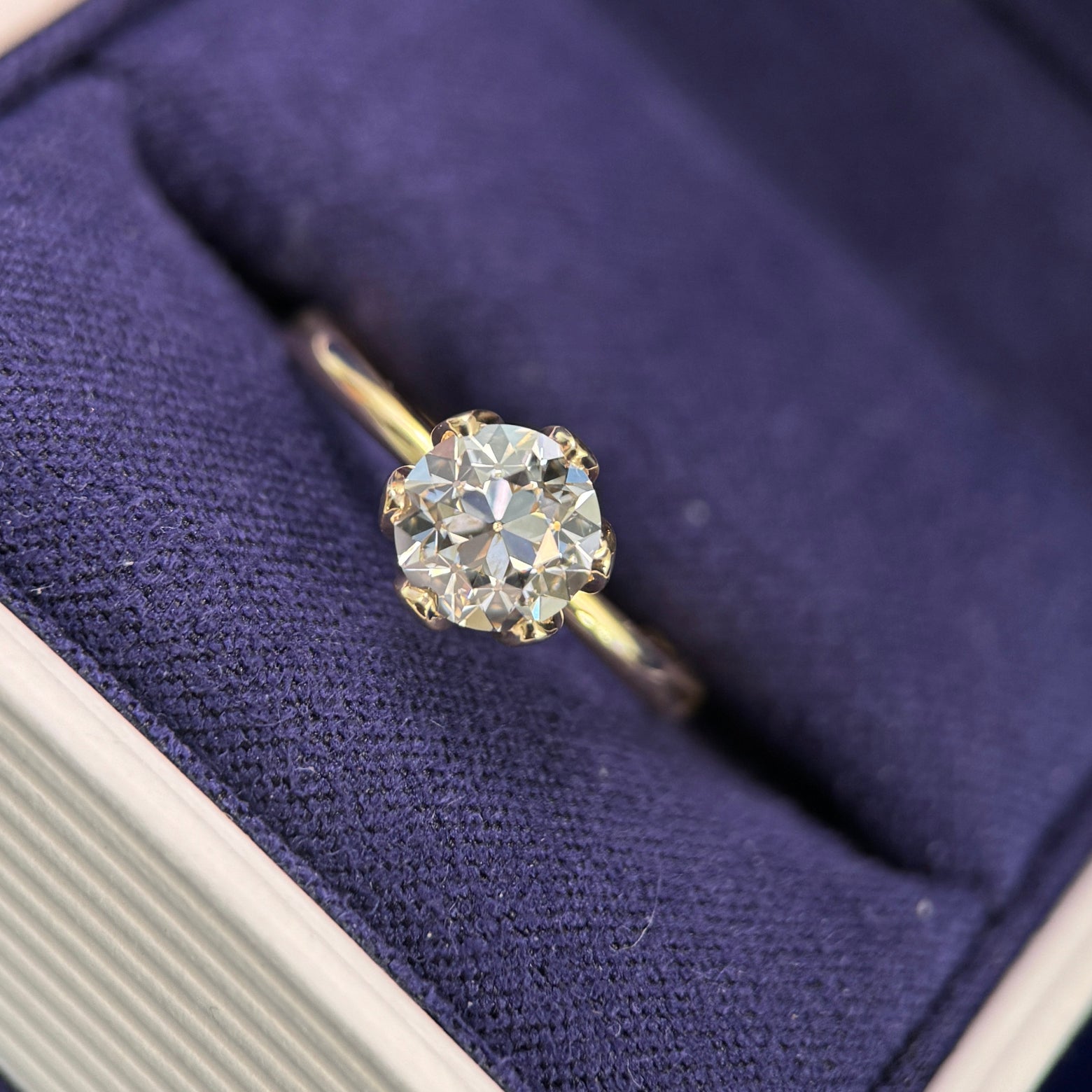 950 Platinum 6-petals-hight-set Customer's 6.5mm Round Diamond on 18k Yellow Gold 1.5-2mm Tapered Band Custom Ring, size 4.5