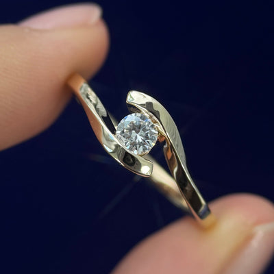 14k Yellow Gold and 4mm Round Lab Diamond on Custom Bypass Thin Band Custom Ring, size 9.5