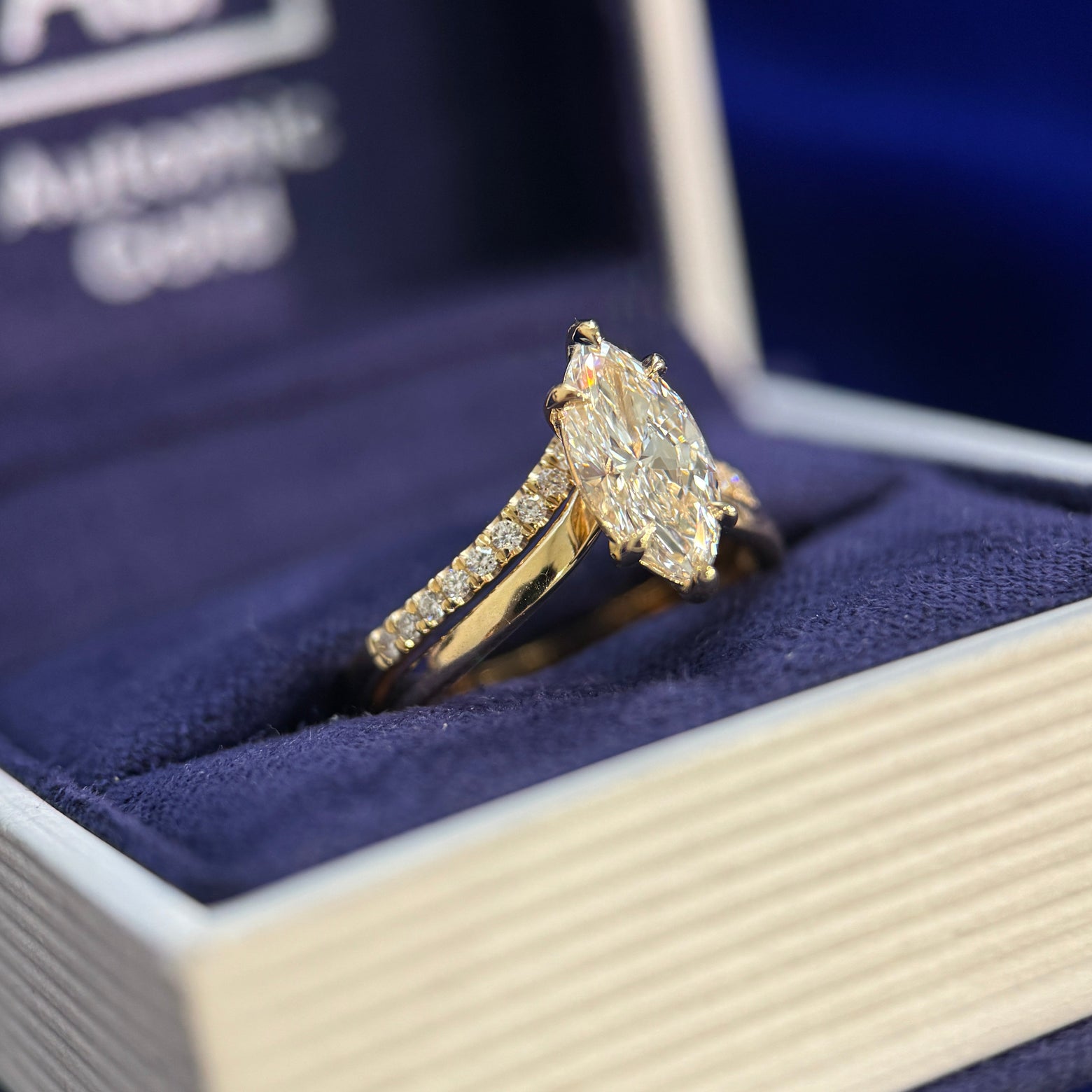 14k Yellow Gold and 1ct Marquise Lab Diamond on Chevron Polished 1.8mm Band Custom Ring and 14k Yellow Gold and Pave Round Lab Diamond on Chevron Band Custom Ring, both in size 4.5