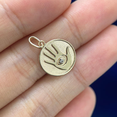 14k Yellow Gold Our 1.5mm Round Lab Diamond set into eye of 15mm width Custom Pendant Evil Eye, 1 gram, Dangling bail