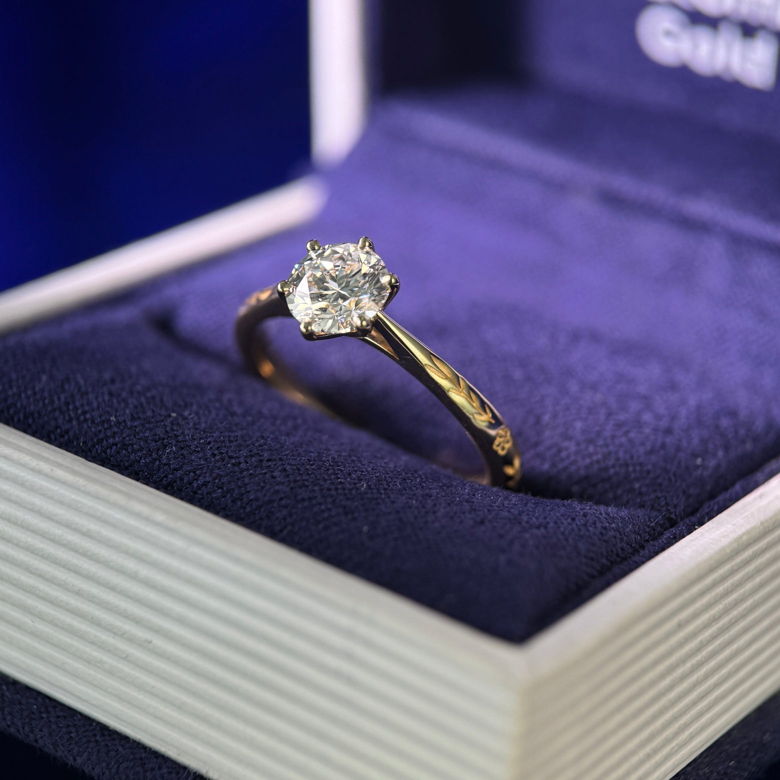 14k Yellow Gold and Petal-prongs-cathedral-set 6mm Round Lab Diamond on three fourths around Floral Engraving 2.5mm Mix Band Custom Ring, size 6.5