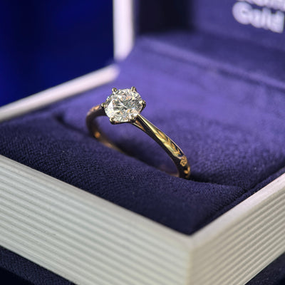 14k Yellow Gold and Petal-prongs-cathedral-set 6mm Round Lab Diamond on three fourths around Floral Engraving 2.5mm Mix Band Custom Ring, size 6.5