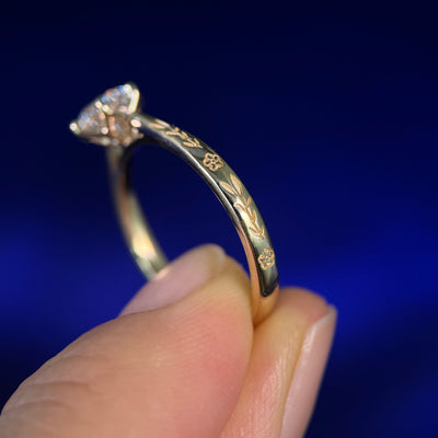 14k Yellow Gold and Petal-prongs-cathedral-set 6mm Round Lab Diamond on three fourths around Floral Engraving 2.5mm Mix Band Custom Ring, size 6.5