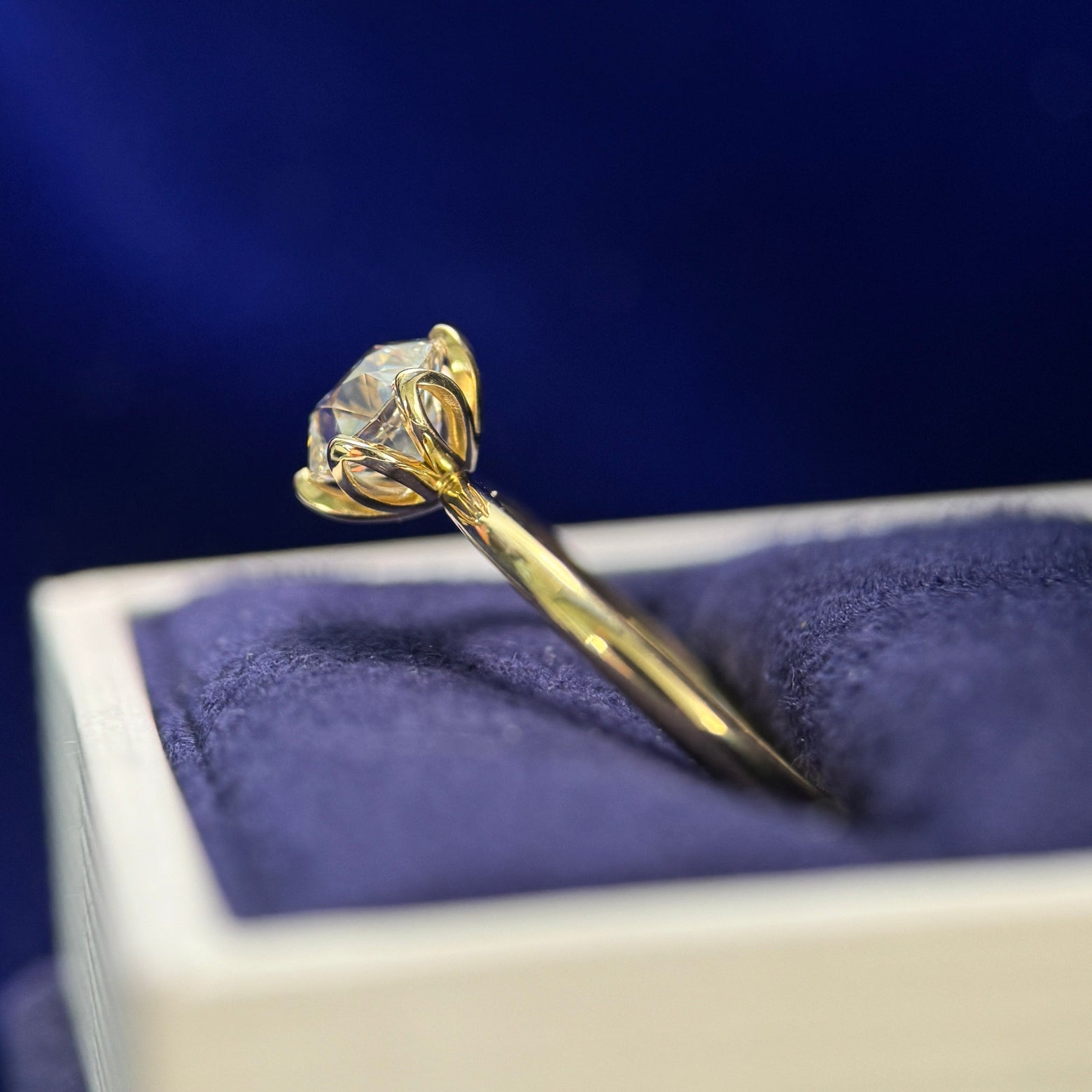950 Platinum 6-petals-hight-set Customer's 6.5mm Round Diamond on 18k Yellow Gold 1.5-2mm Tapered Band Custom Ring, size 4.5