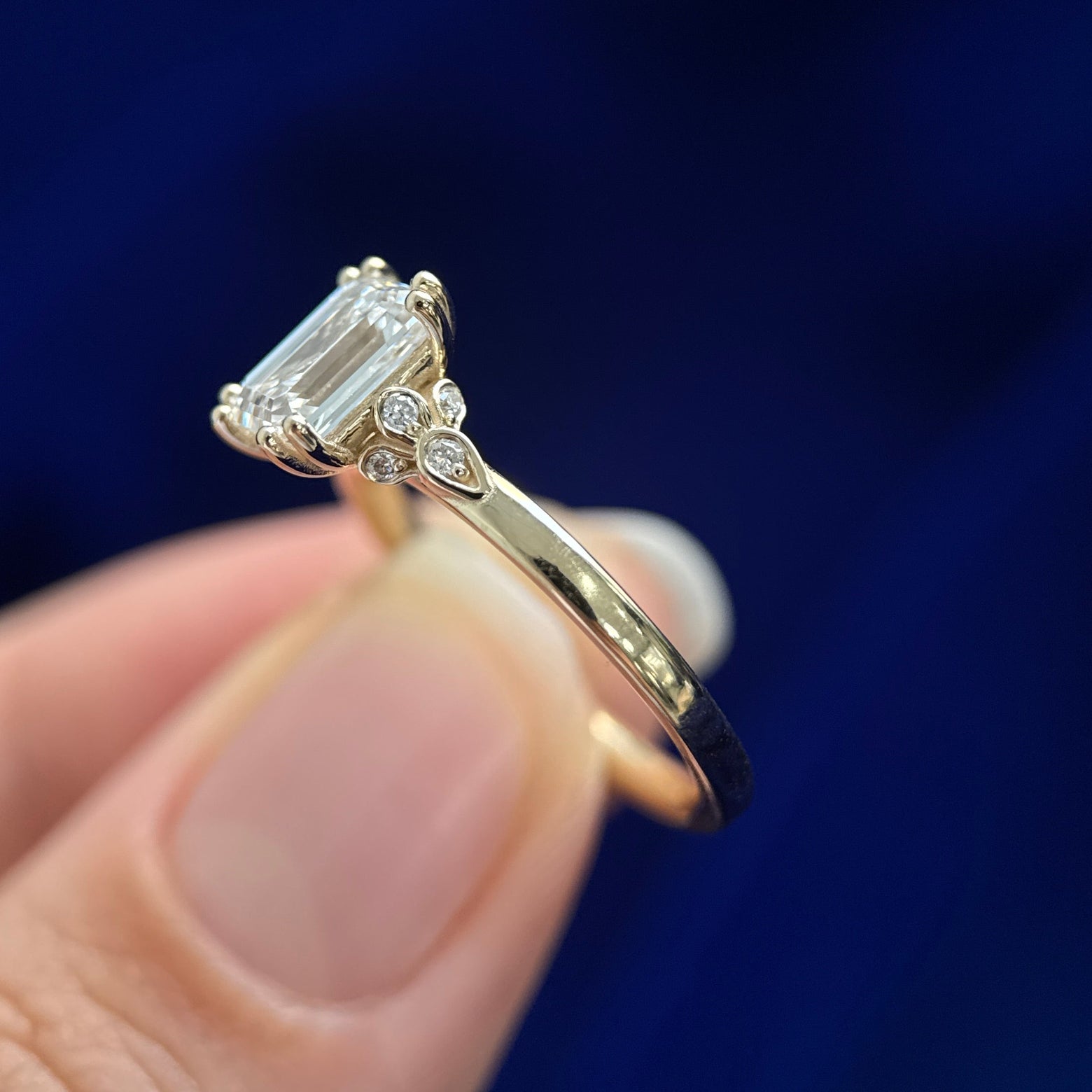 14k Yellow Gold with High-set 1.25ct Emerald-cut Lab Diamond with 8pc Diamonds Under on Plain 2mm Mix Mirror Band Custom Ring, size 5