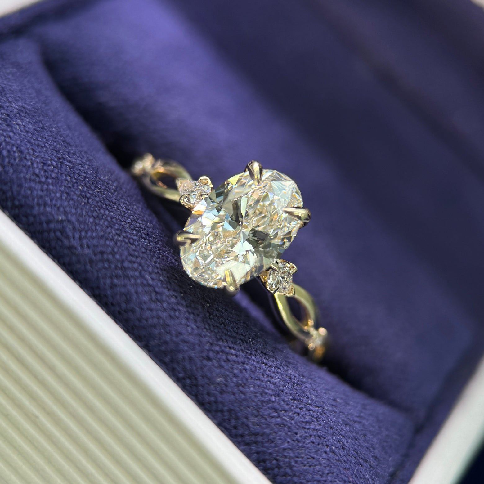 14k Yellow Gold and High-set 1.5ct Oval Lab Diamond with 3x2mm Pear and 2pc Round Lab Diamonds on Open Double Loop Band Custom Ring, Size 7.25