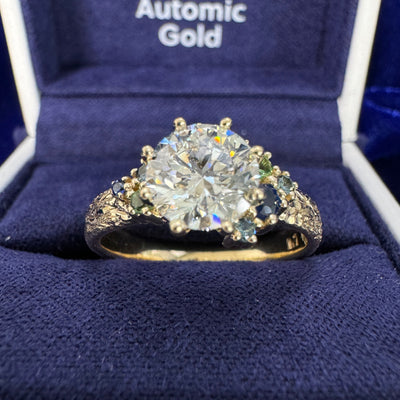 14k Yellow Gold Prongs-set 1.50ct D/VS 7.3mm Round Lab Diamond w/ Blue/Teal/Green Sapphires Cluster on 3.5mm Mix Mirror Band Custom Ring