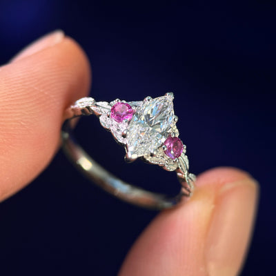 14k White Gold and 0.65ct 9x4.5mm Marquise Lab Diamond with two 2.5mm Pink Lab Sapphire on Leaves Band Custom Ring, size 5.25, 3.5 grams