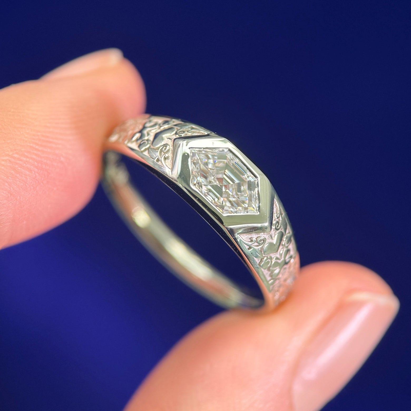 14k Champagne Gold and Flush-set 1ct Elongated Hexagon Lab Diamond on Signet Style Flowers and Hearts Engraved Band Custom Ring, size 10