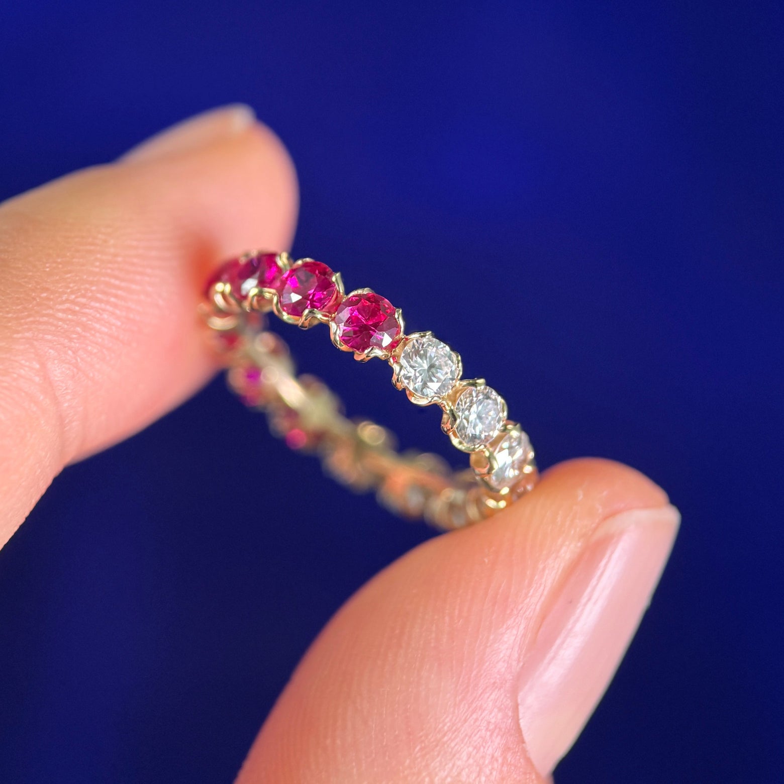 14k Yellow Gold Petal-set 3mm Lab Diamonds and Lab Rubies Petal-set on Eternity Band Custom Ring, size 4.25