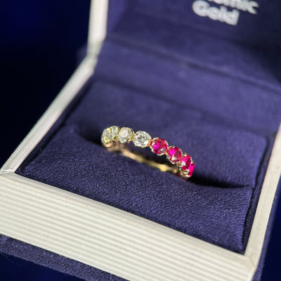 14k Yellow Gold Petal-set 3mm Lab Diamonds and Lab Rubies Petal-set on Eternity Band Custom Ring, size 4.25
