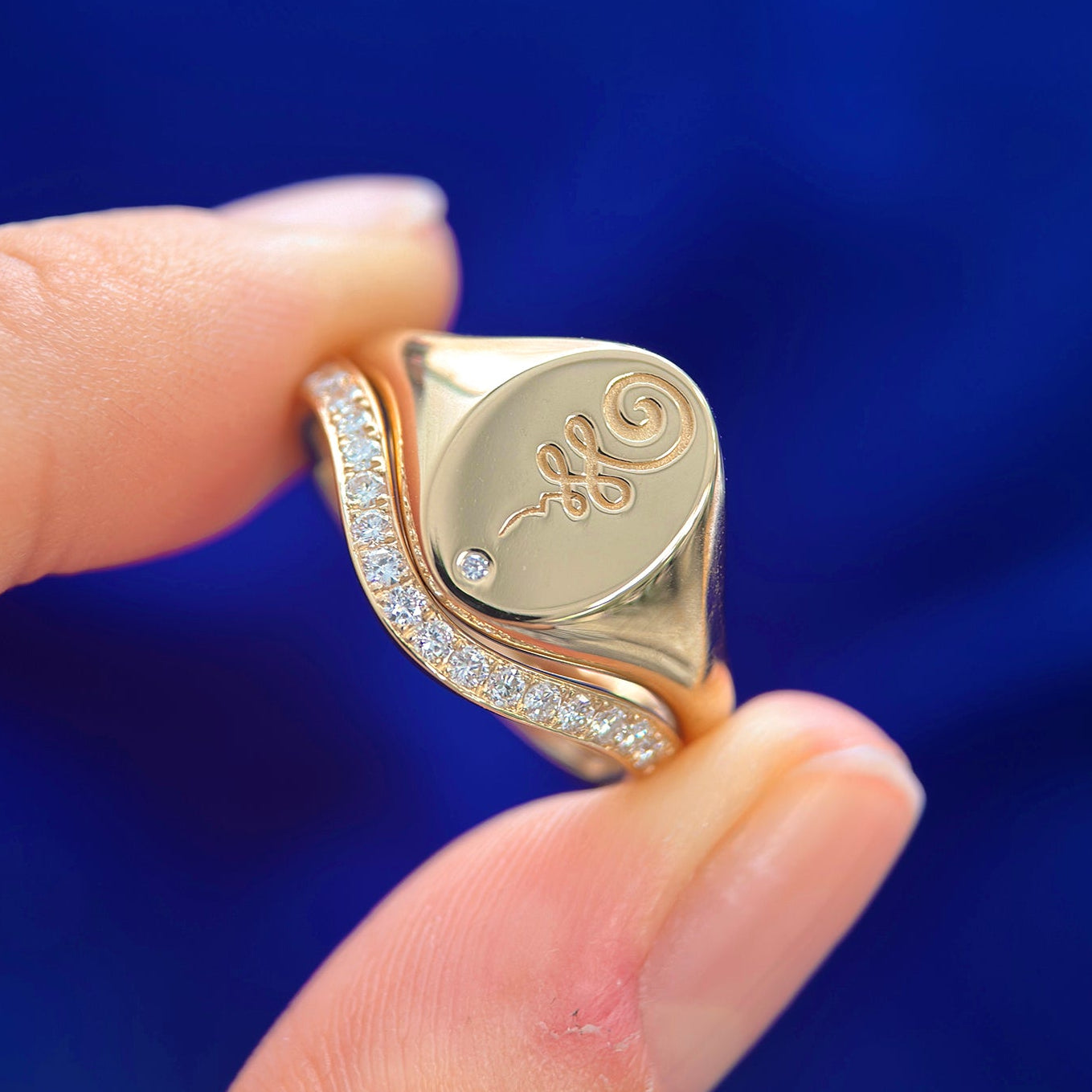 14k Yellow Gold and Diamond Oval Signet Engraved same asCustom Ring and 14k Yellow Gold and 1.5mm Pave Lab Diamonds three fourth around Custom Ring nesting around, size 7 and size 7.5