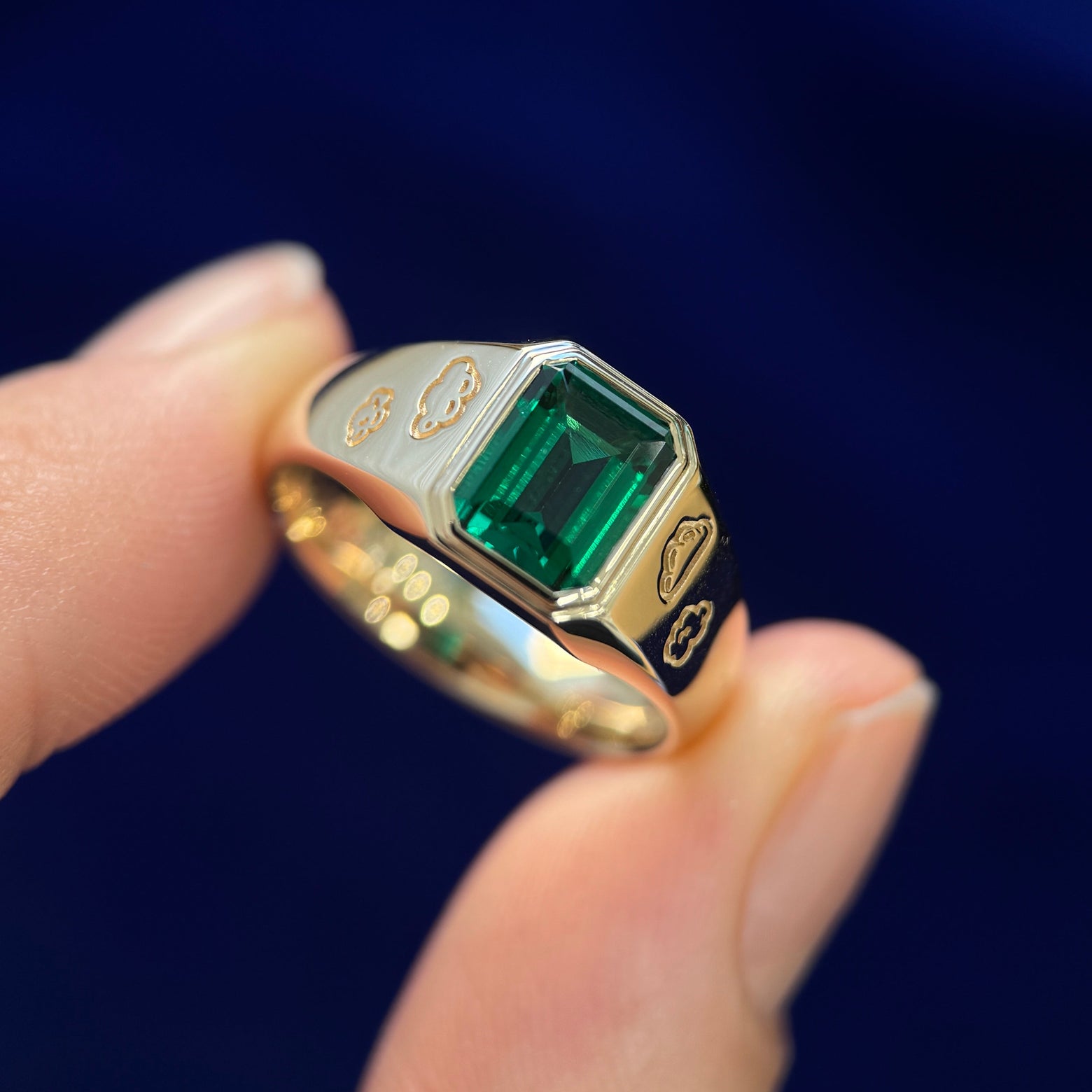 14k Yellow Gold Vertical-Bezel-set 6x8mm Lab Emerald on Signet Band with Clouds Engraved on top and Custom Handwriting Inside, Size 7.5