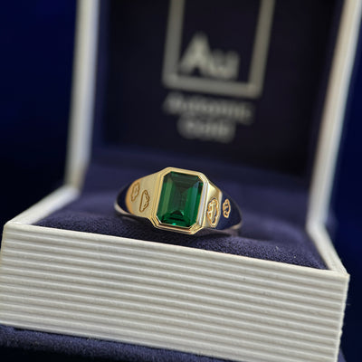 14k Yellow Gold Vertical-Bezel-set 6x8mm Lab Emerald on Signet Band with Clouds Engraved on top and Custom Handwriting Inside, Size 7.5