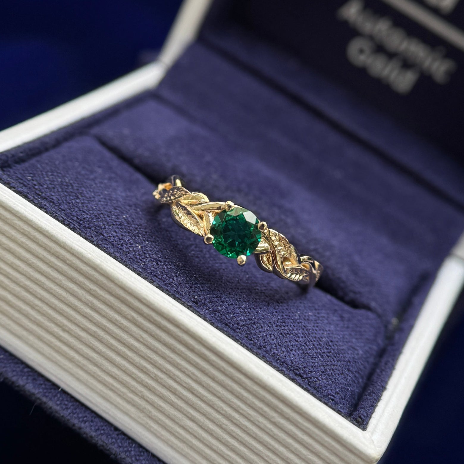 14k Yellow Gold Prongs-set 5mm Round Lab Emerald on Leaves and Vines Band Custom Ring, Size 6.5