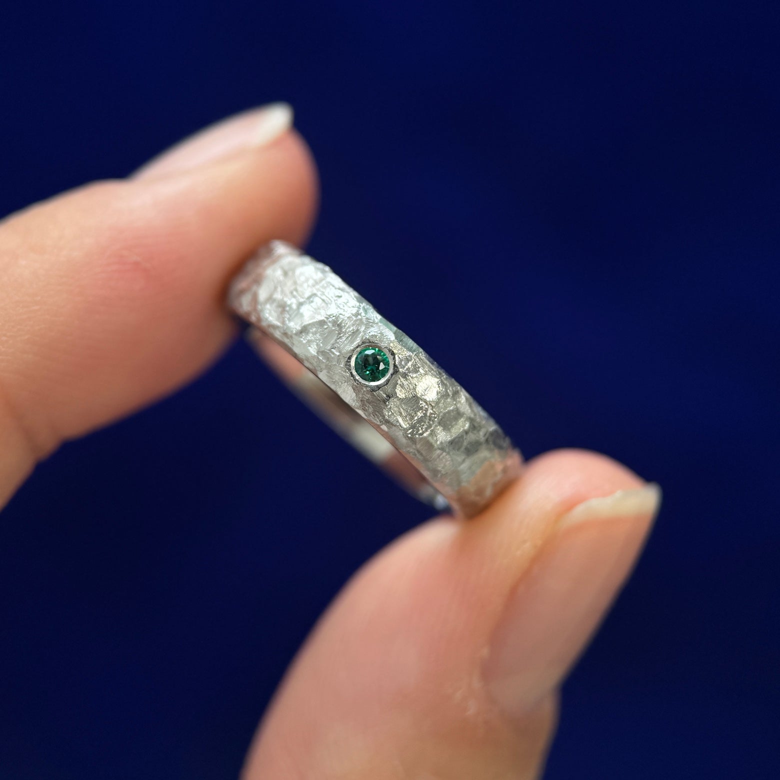 950 Platinum and 2mm Round Lab Emerald Flush set in 5mm Organic Band Custom Ring, size 7