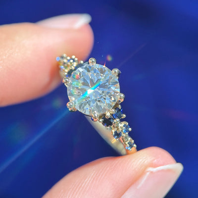 14k Yellow Gold & Prongs-set 2ct Round Lab Diamond with Graduating in size and color Round Blue Sapphires Thin Band Custom Ring, size 8