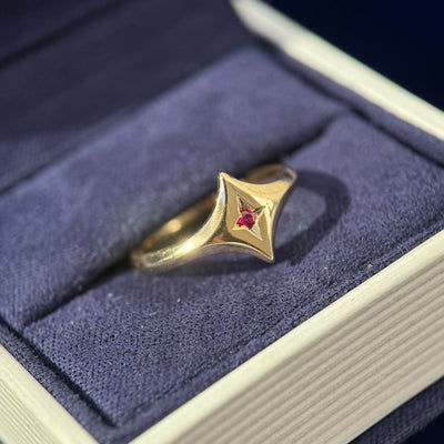 14k Yellow Gold Star-set Round Lab Ruby on Star Shaped Band Custom Engagement Ring, size 4.5
