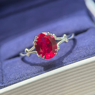 14k White Gold Double Claw-Prongs Set 8x10mm Oval Lab Ruby Set on Filigree Thin Tapered Band Antique Inspired Custom Ring, Size 11