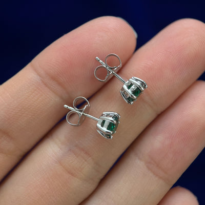 14k White Gold 6mm Prongs set Round Lab Emerald Studs with Large Backs