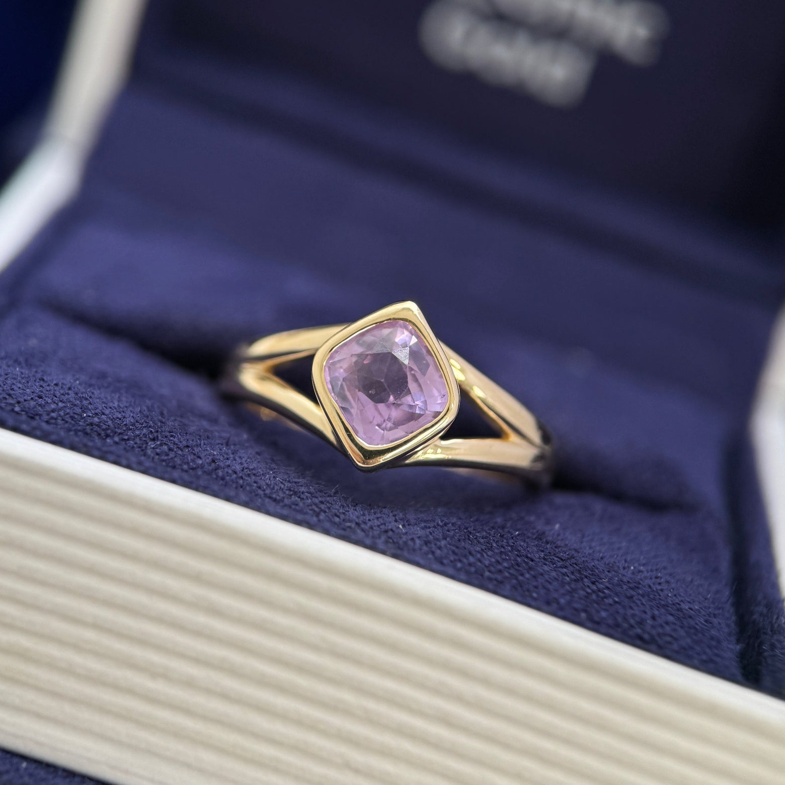 14k Yellow Gold and 1.18ct Lavender Square Cushion Natural Sapphire low-set on Open Band Custom Ring, size 5.25