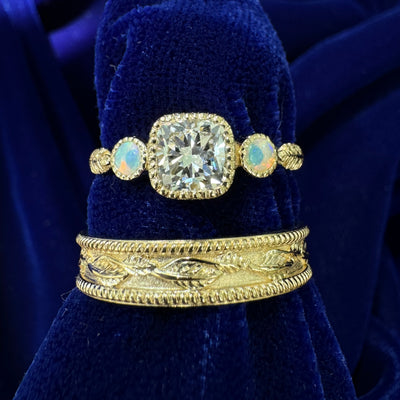 14k Yellow Gold Prongs-set 1ct D/VVS 5.8mm Cushion Lab Diamond with 2pc 3mm Sapphires and 5mm Leaves Band Custom Couples Rings Set, size 7 and 9