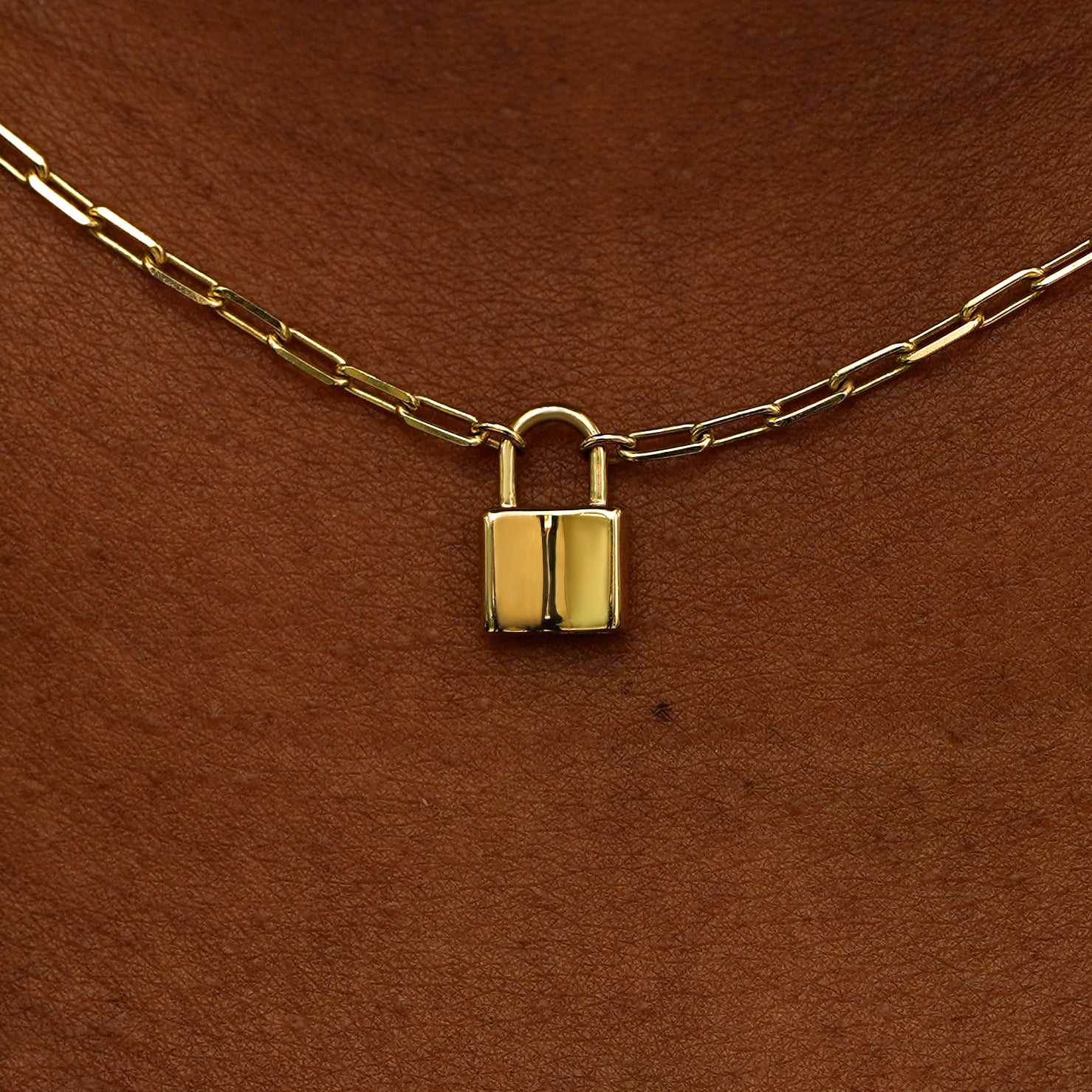 Close up view of a model's neck wearing a 14 karat gold lock necklace