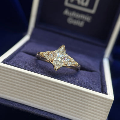 14k Yellow Gold and Half bezel low set 1ct Marquise Lab Diamond with Tiny Marquise Lab Diamonds Accents on 2mm Band Engraved with Tiny Gingko Leaves Custom Ring, size 8.25