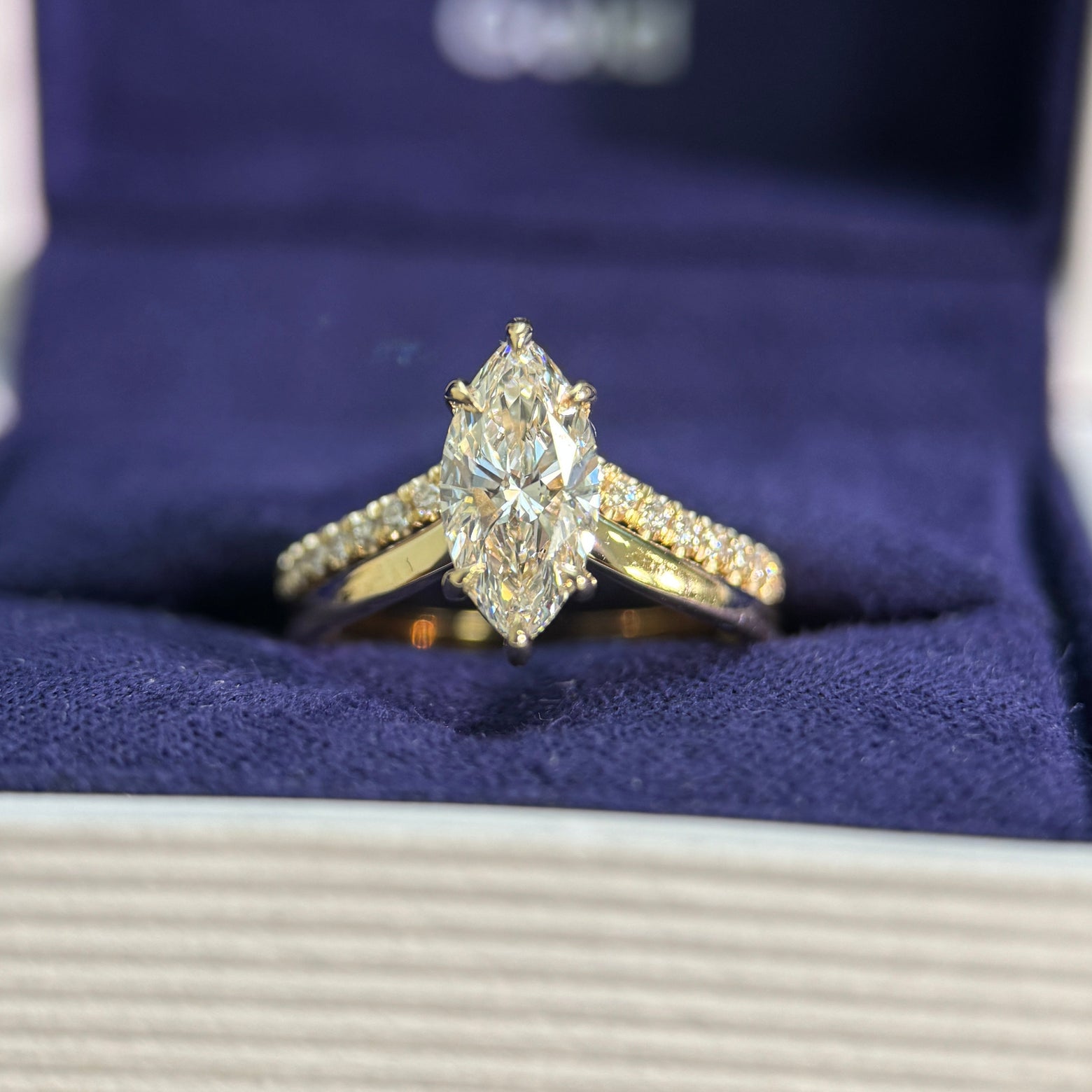 14k Yellow Gold and 1ct Marquise Lab Diamond on Chevron Polished 1.8mm Band Custom Ring and 14k Yellow Gold and Pave Round Lab Diamond on Chevron Band Custom Ring, both in size 4.5
