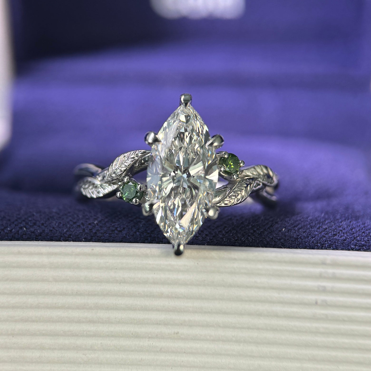 950 Platinum and High-leaves-set F G VVS 2ct Marquise Lab Diamond with two 2mm Green Diamonds on Leaves Band Custom Ring, Size 7.5