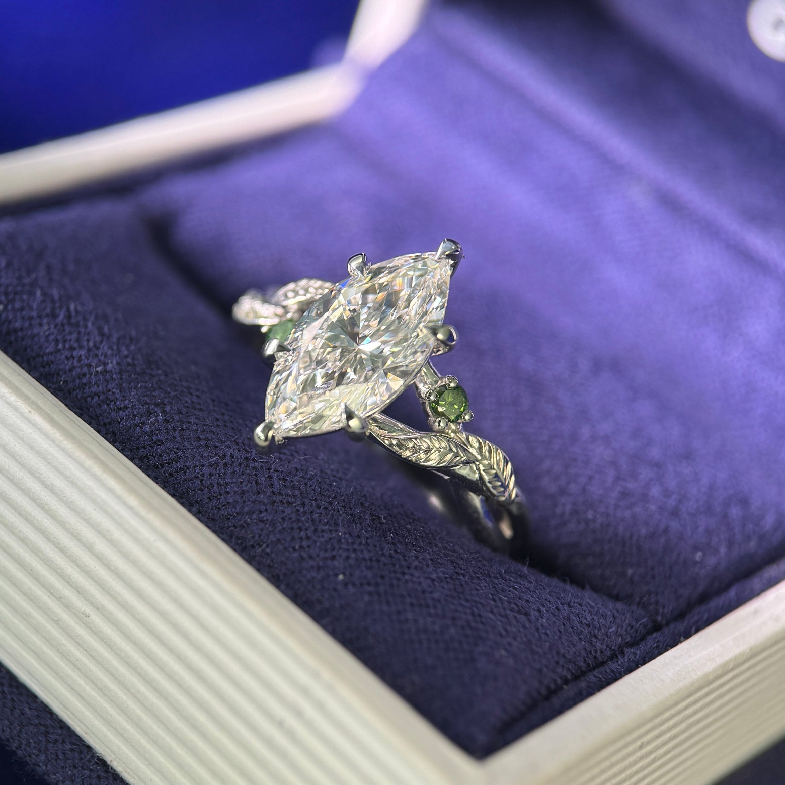 950 Platinum and High-leaves-set F G VVS 2ct Marquise Lab Diamond with two 2mm Green Diamonds on Leaves Band Custom Ring, Size 7.5