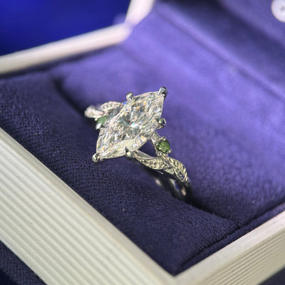 950 Platinum and High-leaves-set F G VVS 2ct Marquise Lab Diamond with two 2mm Green Diamonds on Leaves Band Custom Ring, Size 7.5