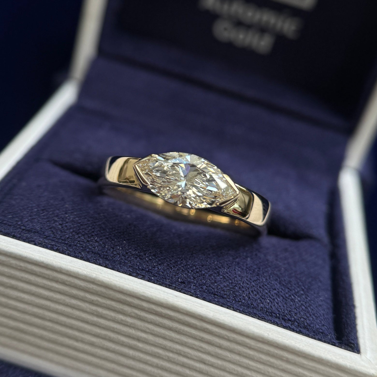 14k Yellow Gold Half-bezel East-to-West-set 1.5ct Marquise Lab Diamond on 4mm Mix Mirror Band Custom Ring, Size 9.5