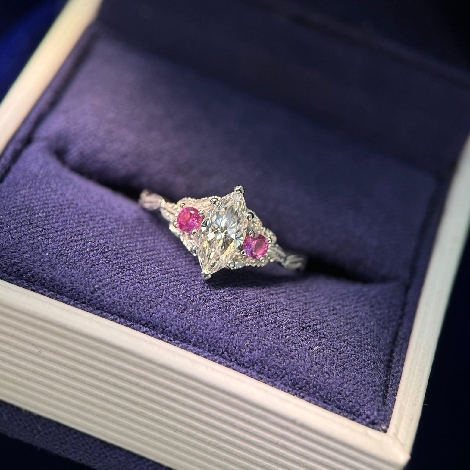 14k White Gold and 0.65ct 9x4.5mm Marquise Lab Diamond with two 2.5mm Pink Lab Sapphire on Leaves Band Custom Ring, size 5.25, 3.5 grams