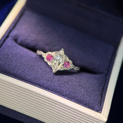 14k White Gold and 0.65ct 9x4.5mm Marquise Lab Diamond with two 2.5mm Pink Lab Sapphire on Leaves Band Custom Ring, size 5.25, 3.5 grams