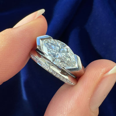 950 Platinum with 1.5ct Marquise Lab Diamond Horizontal Half-bezel Set on Knife Edge Band Signet Custom Ring, with Small Ruby and Sapphire inside and 950 Platinum 2.5mm Knife Edge Band with Pave Lab Diamonds on One Half, and 1.5mm Ruby and Sapphire inside, Size 3.75