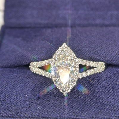 950 Platinum Low-set 1ct 10x5mm Marquise Lab Diamond with Lab Diamonds Halo and Split Shank Halo half around Band Custom Ring, size 8.5