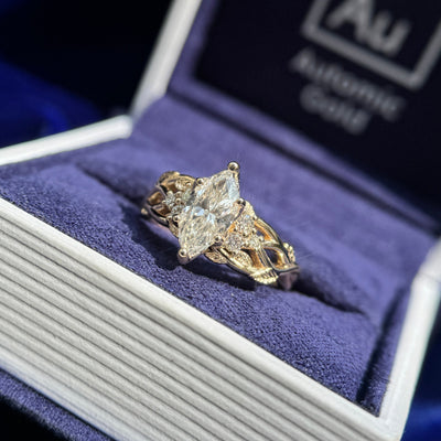14k Yellow Gold and 1ct Marquise Lab Diamond and 6pc Round Lab Diamonds on Vines and Textured Leaves Custom Ring, size 5