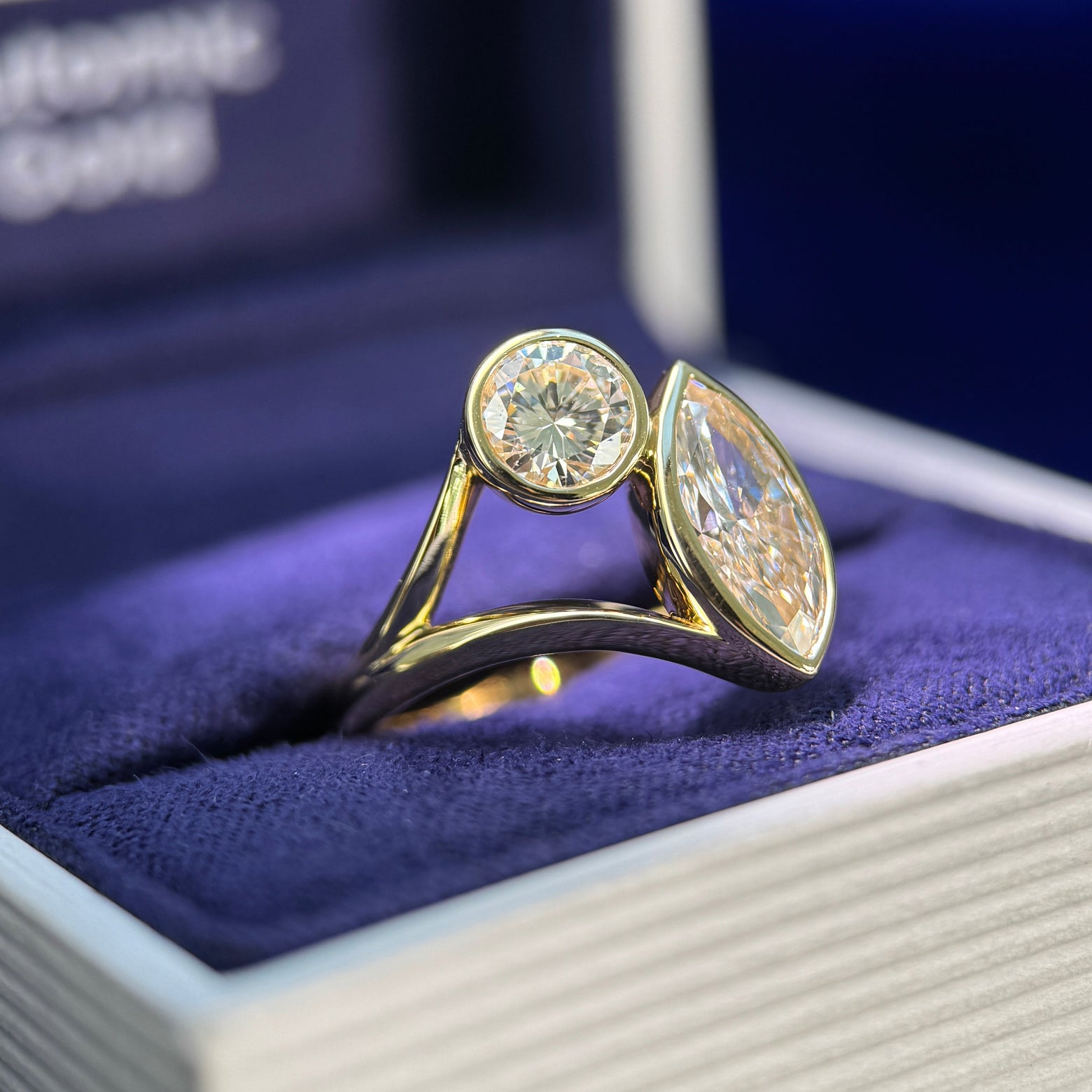18k Yellow Gold and Customers 1.46ct Marquise Lab and 0.60ct Round Natural Diamond bezel-set into Custom Ring, size 5.75