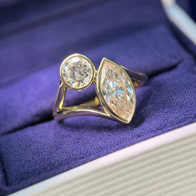 18k Yellow Gold and Customers 1.46ct Marquise Lab and 0.60ct Round Natural Diamond bezel-set into Custom Ring, size 5.75
