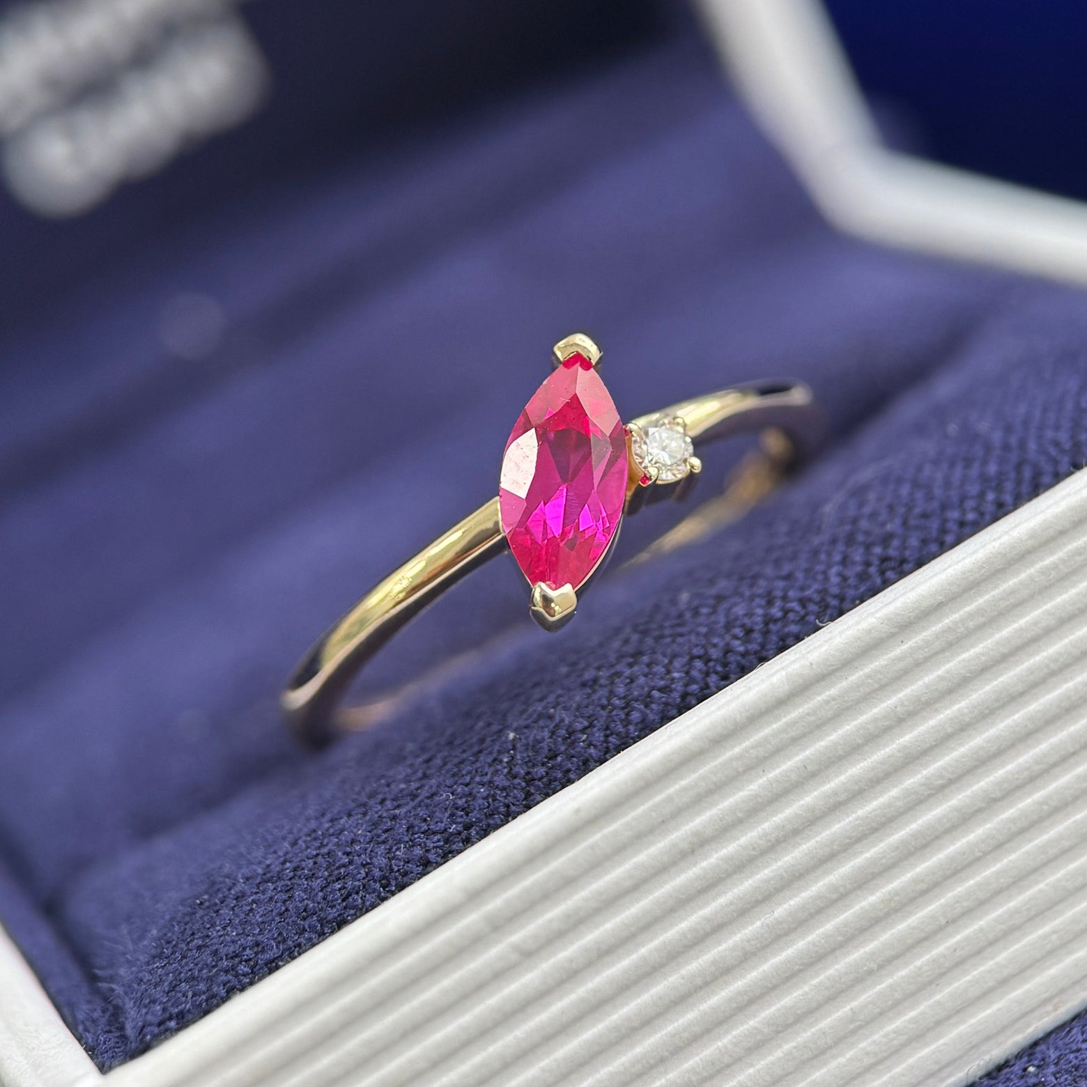 14k Yellow Gold Prongs-set Customers Marquise Ruby and Our 2mm Lab Diamond on Thin Band Custom Ring, size 7