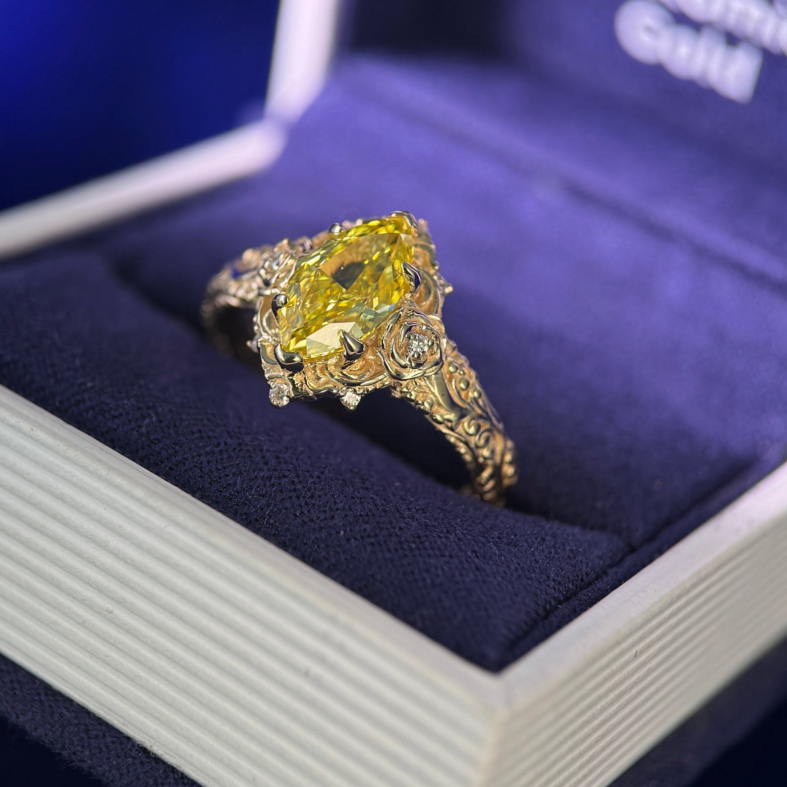 14k Yellow Gold and Customers 1.52ct Marquise Yellow Lab Diamond and Lab Diamonds Filigree Custom Ring, size 8